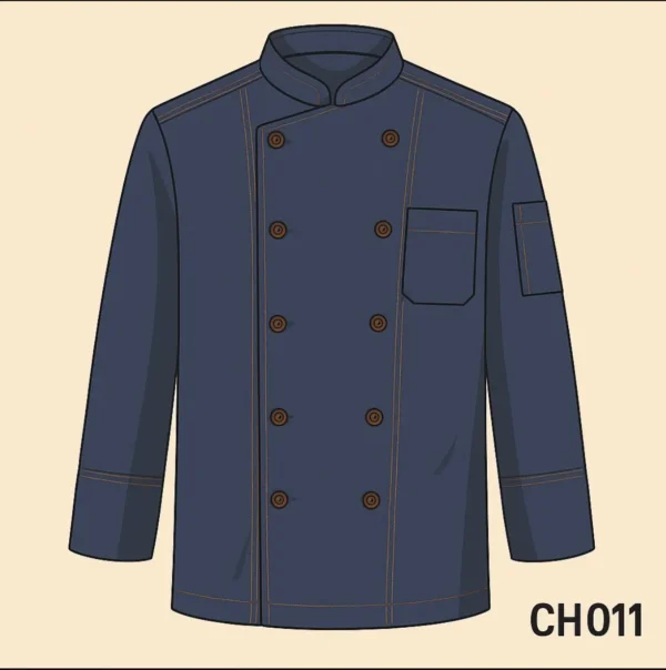 Navy blue chef coat with double-breasted buttons, mandarin collar, and full sleeves