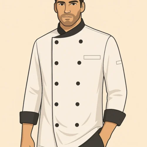 White chef coat with black collar, double-breasted buttons, and folded black cuffs