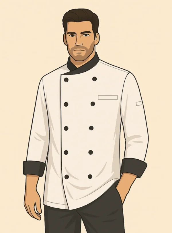 White chef coat with black collar, double-breasted buttons, and folded black cuffs