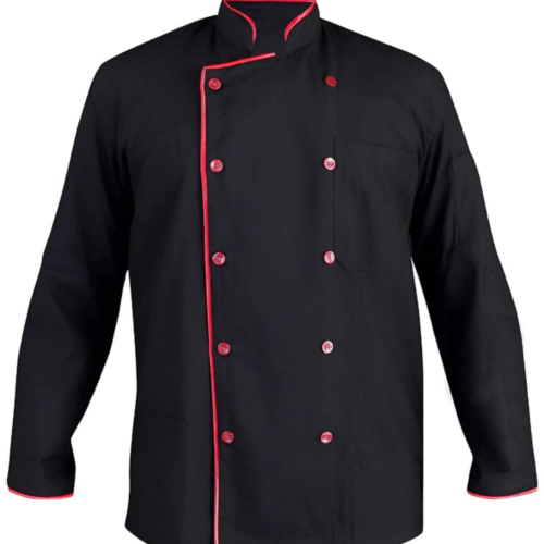 IMG_1723 Black chef coat with red piping and double-breasted buttons