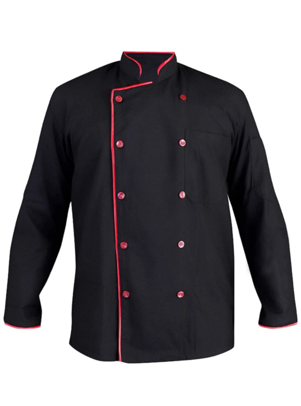 Black chef coat with red piping and double-breasted buttons