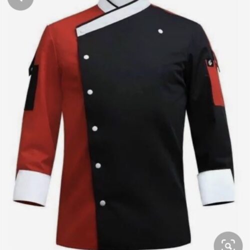 Screenshot Red & black chef coat with asymmetrical front and white cuffs
