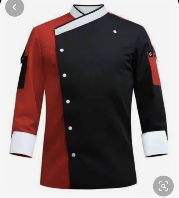 Red & black chef coat with asymmetrical front and white cuffs