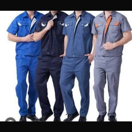 Modern Slate Blue Technician Suit with White Contrast Piping and Hidden Zip-Front