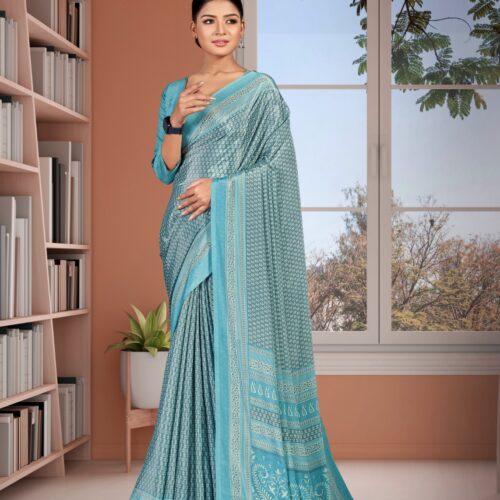 Library Curator - Aqua Blue Ethnic Border Saree