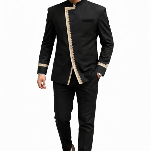 Luxury Bell Boy - Classic Black Gold Lace Bandhgala Set