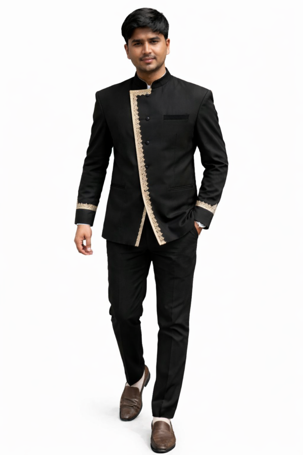 Luxury Bell Boy - Classic Black Gold Lace Bandhgala Set