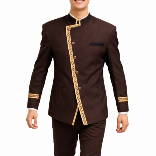 Premium Bell Boy - Chocolate Brown Gold Trim Bandhgala Set