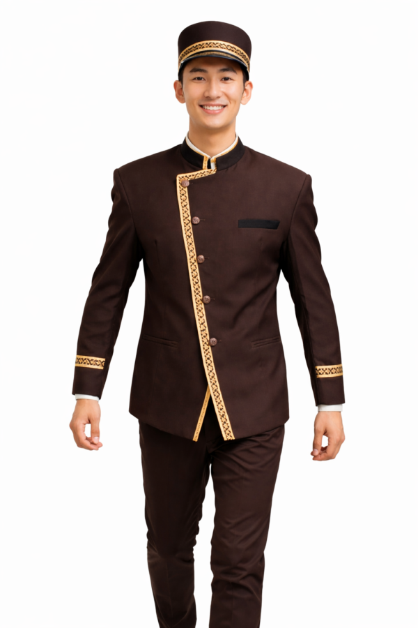Premium Bell Boy - Chocolate Brown Gold Trim Bandhgala Set