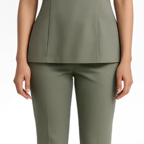 Sage green spa uniform set with V-neck top, white sleeve detailing, and straight-fit pants