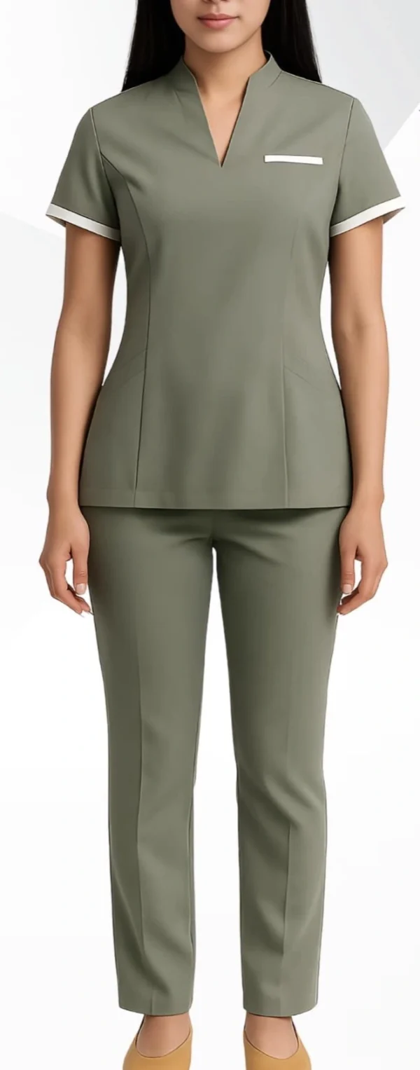 Sage green spa uniform set with V-neck top, white sleeve detailing, and straight-fit pants