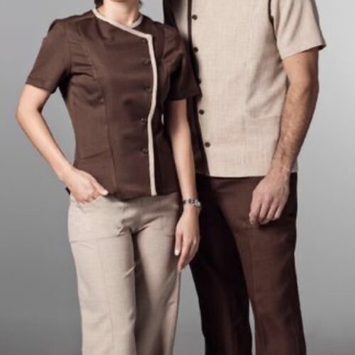 Brown and beige spa uniforms with asymmetrical button detailing, contrast panels, and straight-fit pants