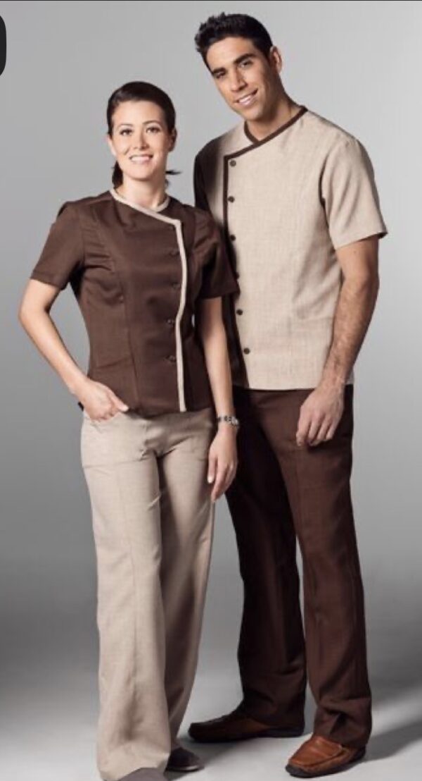 Brown and beige spa uniforms with asymmetrical button detailing, contrast panels, and straight-fit pants