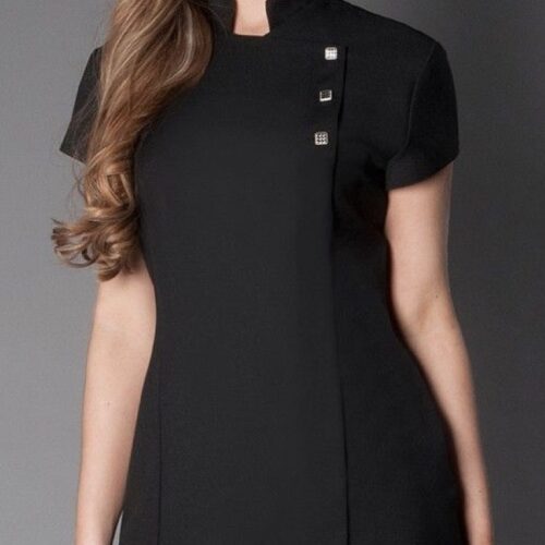 Black spa uniform with mandarin collar, side button detailing, and slim-fit silhouette
