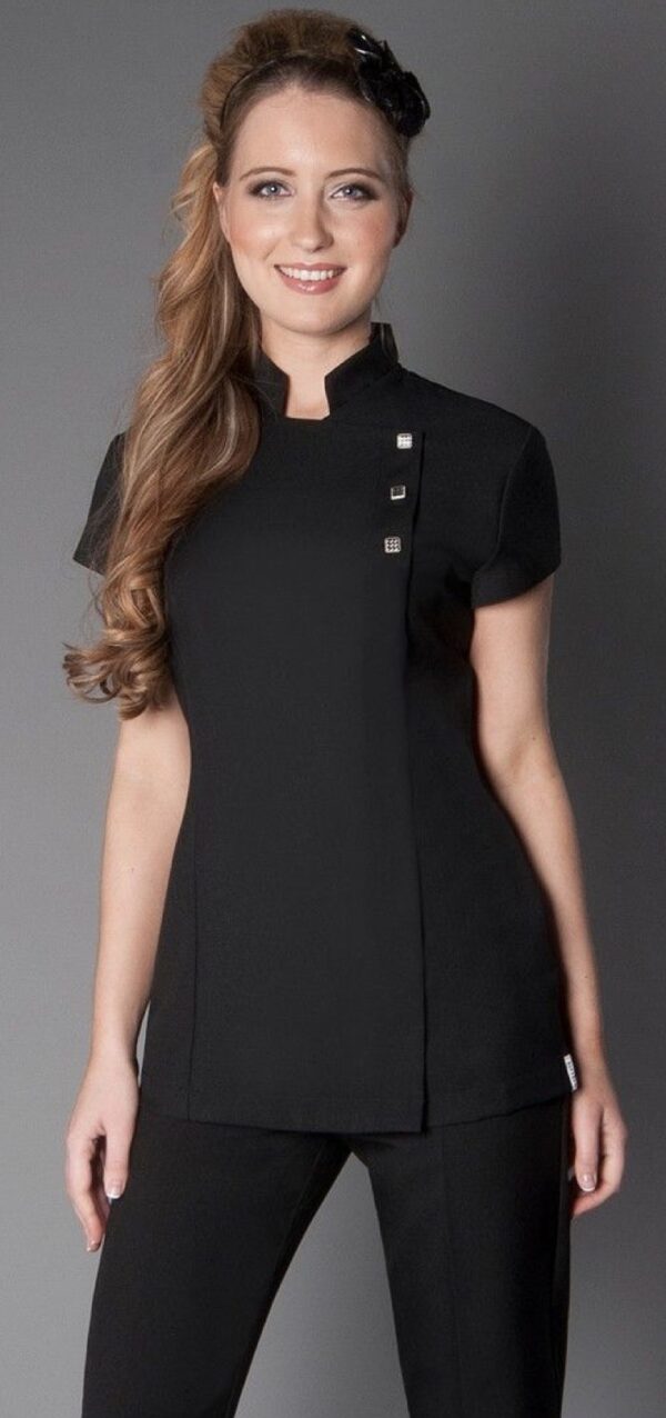 Black spa uniform with mandarin collar, side button detailing, and slim-fit silhouette