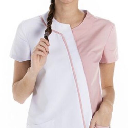 White and pink spa uniform with asymmetrical panel design, contrast piping, and short sleeves