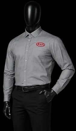 Grey automobile uniform shirt with button-down collar, full sleeves, and embroidered logo detailing
