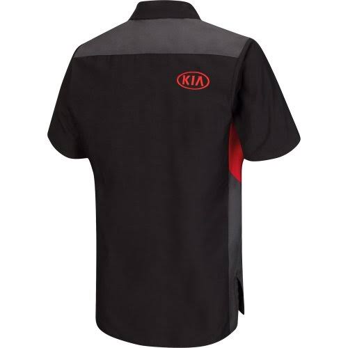 Black automobile uniform shirt with grey shoulder panel, red side detailing, and short sleeves