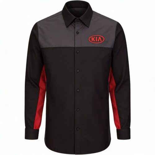 Black and grey full-sleeve automobile service uniform shirt with red side panels and embroidered logo