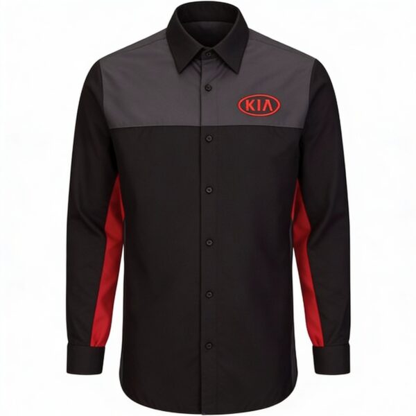 Black and grey full-sleeve automobile service uniform shirt with red side panels and embroidered logo
