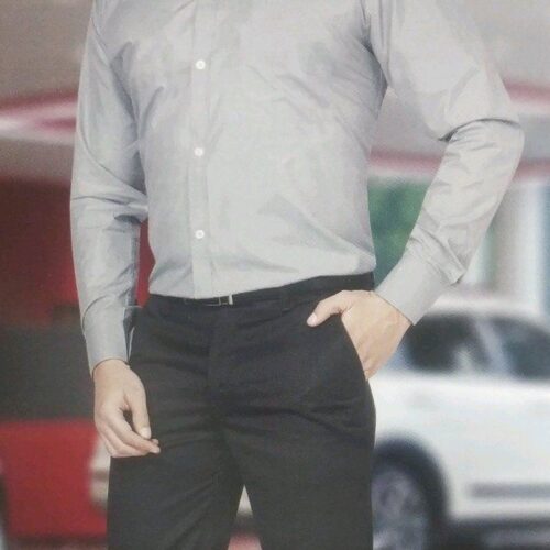 Grey automobile uniform shirt with button-down collar, full sleeves, and black formal trousers