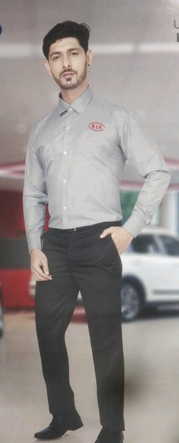 Grey automobile uniform shirt with button-down collar, full sleeves, and black formal trousers