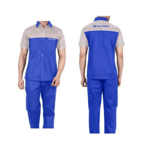 Blue and grey automobile uniform set with short-sleeve work shirt, contrast panels, and utility trousers