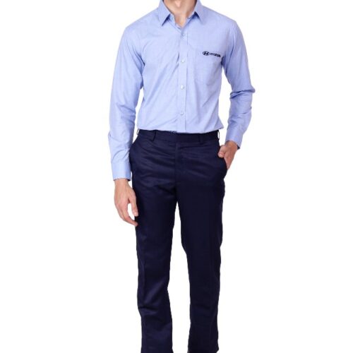 Light blue corporate automobile uniform shirt with navy formal trousers