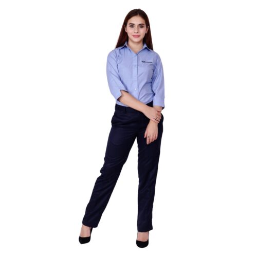 Women’s light blue corporate automobile uniform shirt with navy formal trousers
