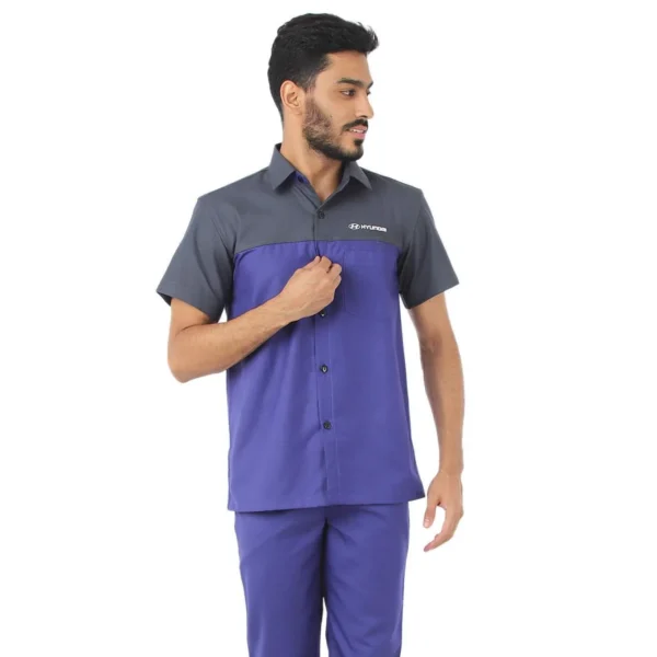 Blue and grey automobile workshop technician uniform with matching workwear trousers
