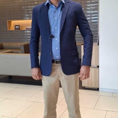 Men’s premium corporate blazer uniform with formal shirt and chinos for showroom staff