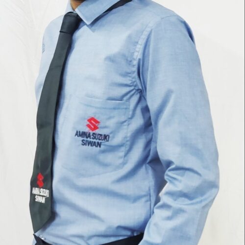 Men’s light blue automobile showroom executive uniform with branded tie and formal trousers