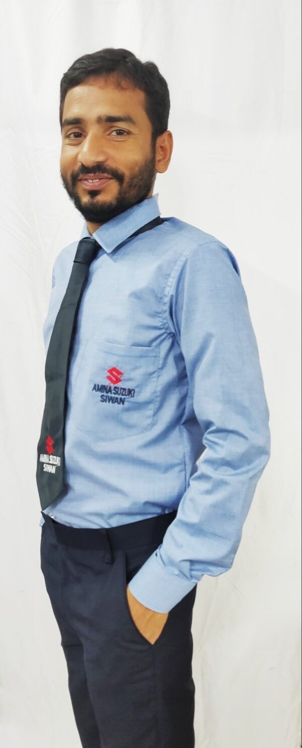 Men’s light blue automobile showroom executive uniform with branded tie and formal trousers