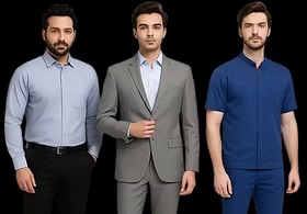 Corporate automobile staff uniform collection featuring formal shirt, executive blazer suit, and service technician wear
