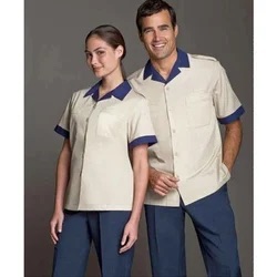 IMG_1878 Beige Short Sleeve Hospitality Uniform Shirt with Contrast Collar - Laundry/Hotel Staff