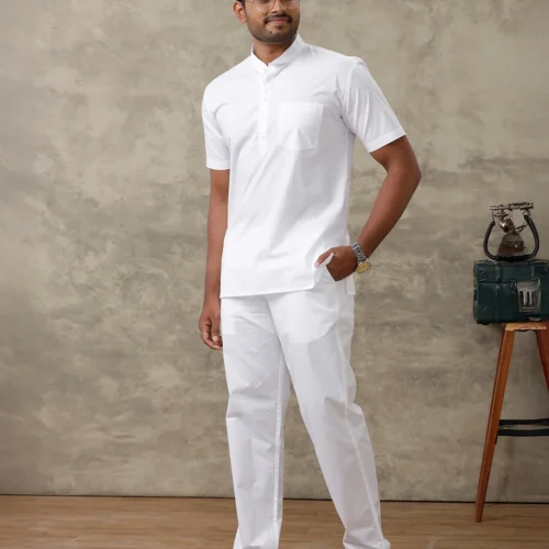 IMG_1881 Men’s white laundry staff uniform set with mandarin collar workwear design