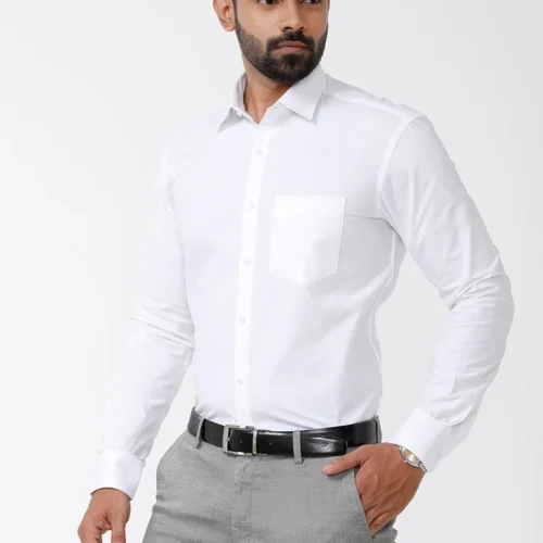Men’s white formal accountant uniform shirt with light grey office trousers