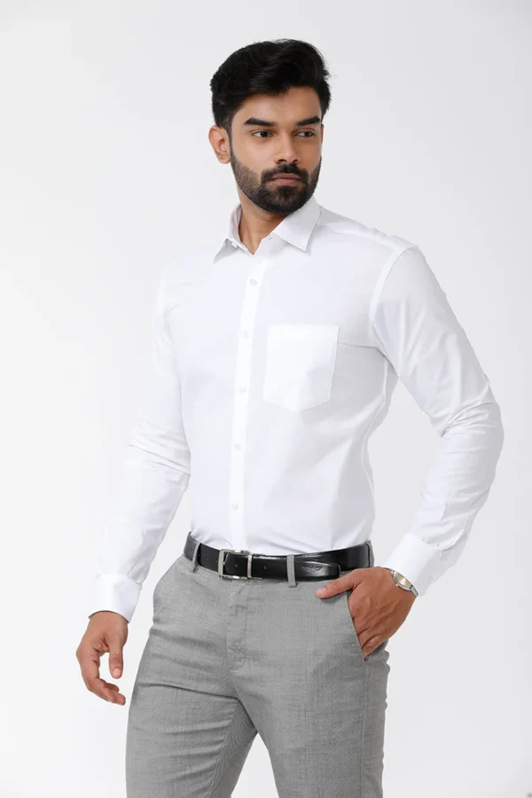 Men’s white formal accountant uniform shirt with light grey office trousers