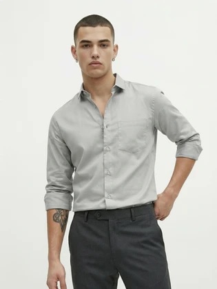 Ash Grey Casual Formal Shirt - Rolled Sleeve Slim Fit Oxford Shirt