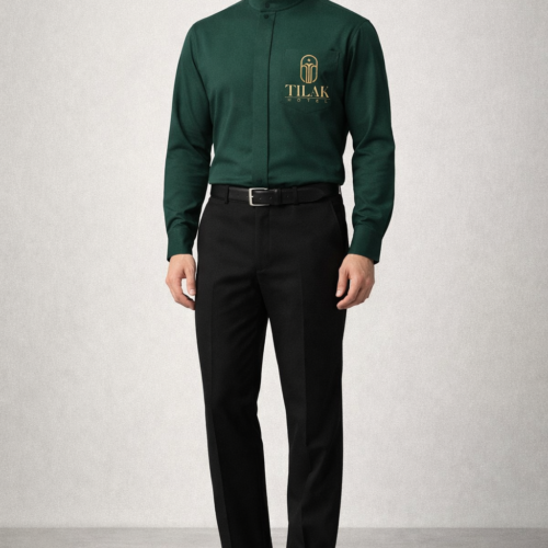 A dark green long-sleeved shirt featuring a mandarin collar and a "hotel logo" gold logo on the chest pocket
