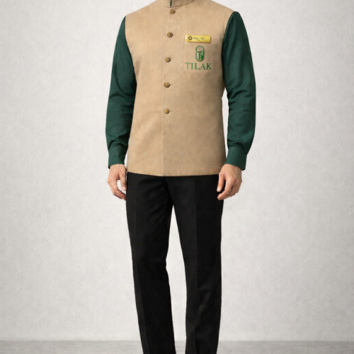 "TILAK" in green, worn over a dark green long-sleeved shirt