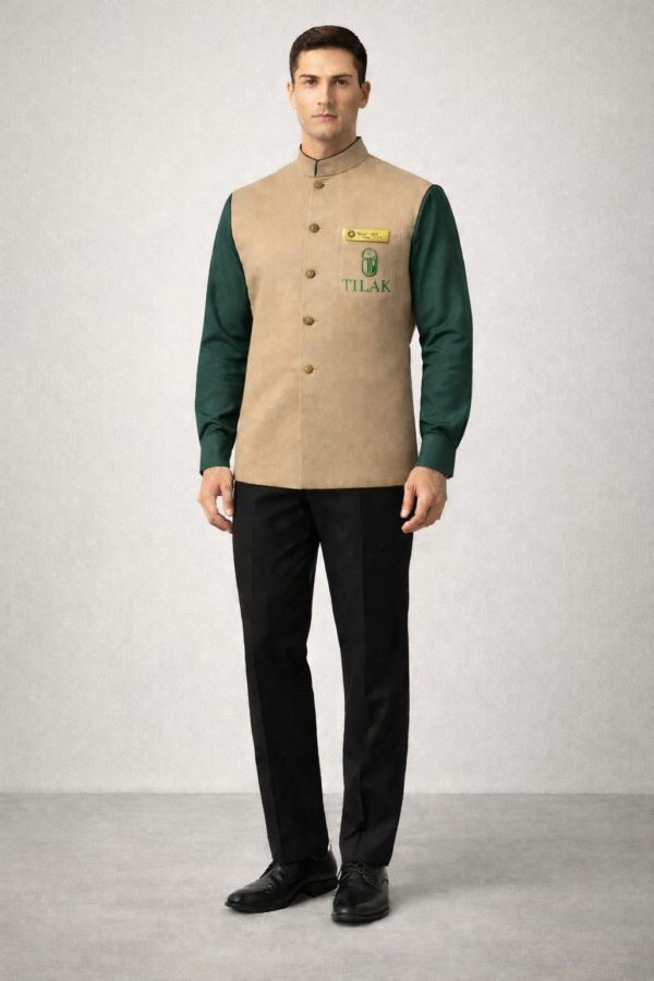 "TILAK" in green, worn over a dark green long-sleeved shirt