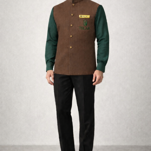 Brown Nehru waistcoat with subtle logo branding, paired with a dark green full-sleeve shirt and black trousers.
